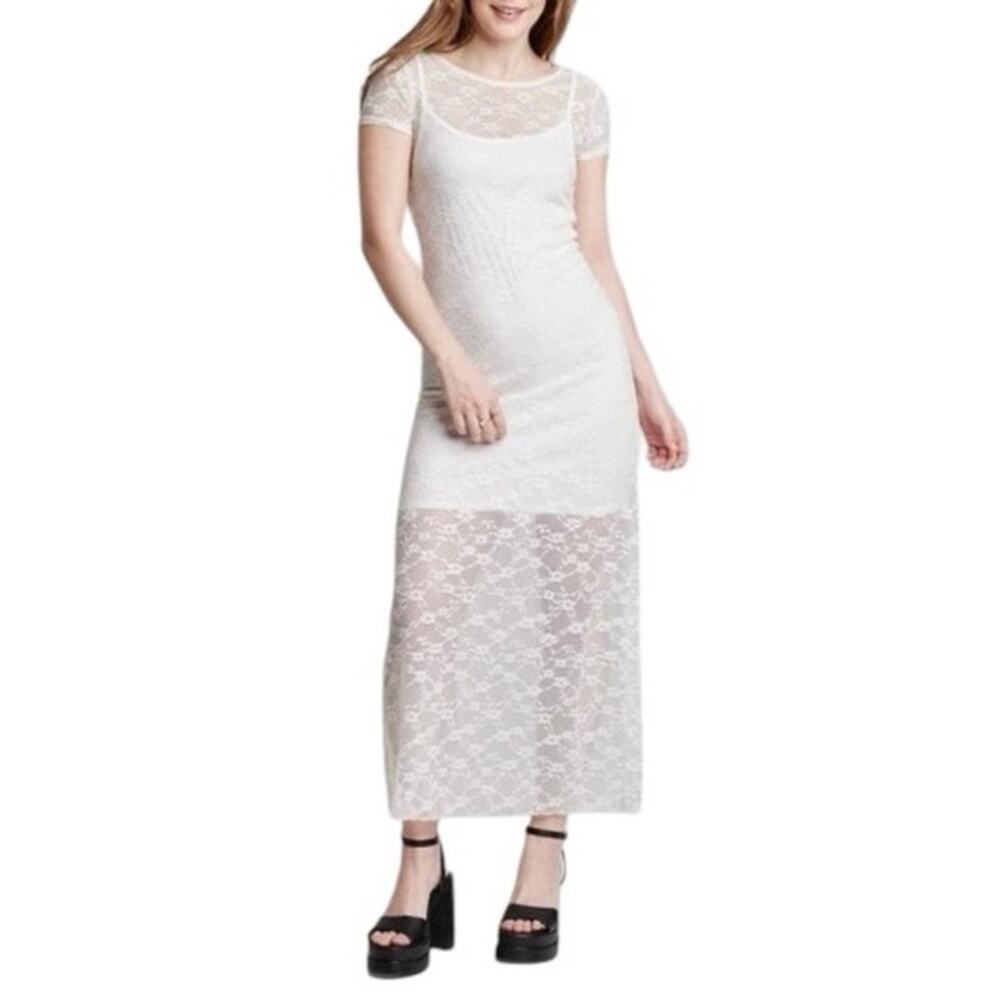 NEW WILD FABLE Sheer Floral Partially Mini Lined Maxi Dress White Size Small